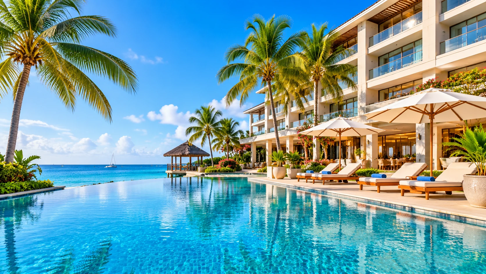 Illustrative luxury oceanfront resort with swimming pool, AI-generated concept image